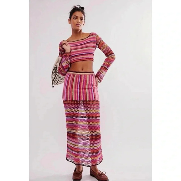 NWT Free People Bali Sunrise Skirt Crochet Knit Mid Rise Long Maxi Rainbow - Picture 15 of 15